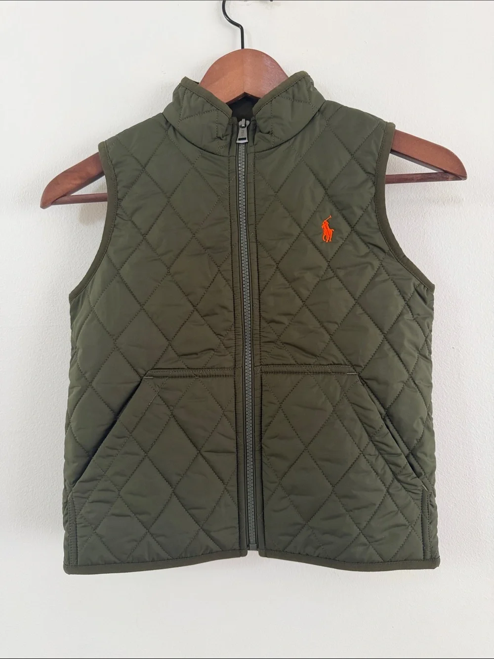 Ralph Lauren Kids Quilted Olive Vest with Orange Pony
